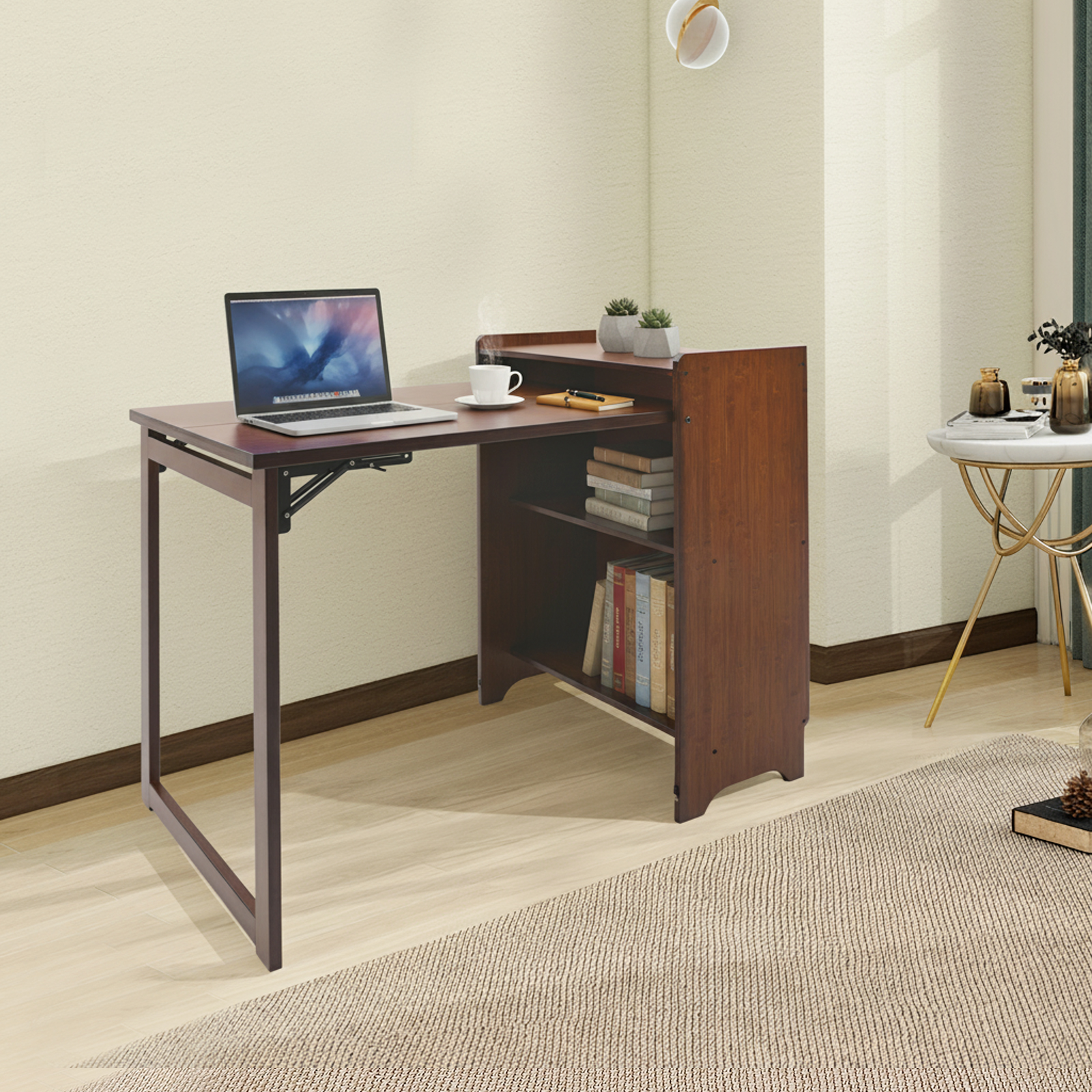 Home Office Hideaway Desk - Bamboo Foldable Desk with Storage Shelves,