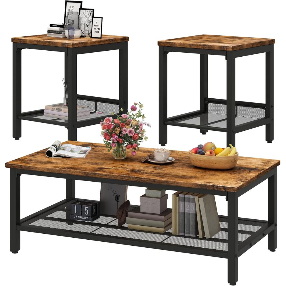Home Office Industrial Style - Vintage 3-Piece Wood Coffee Table Set