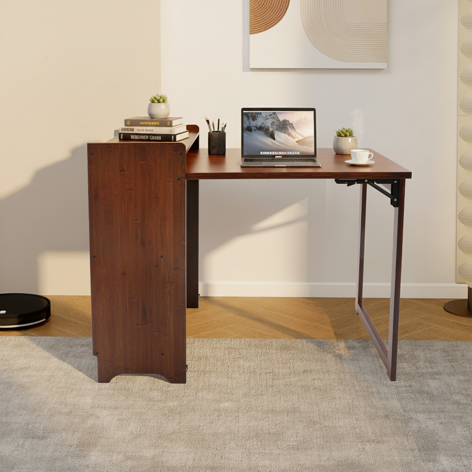 Home Office Hideaway Desk - Walnut Color Folding Desk With Storage