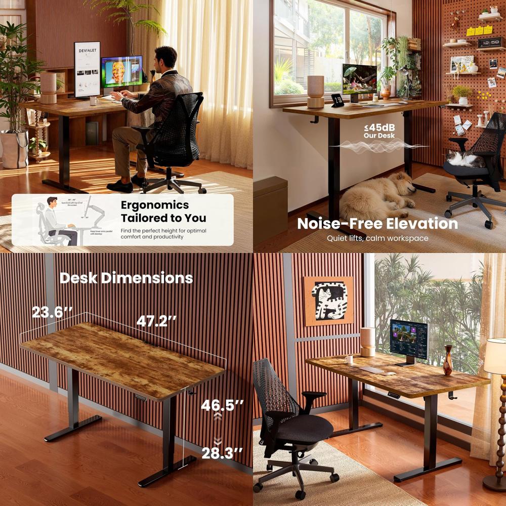 Home Office With Two Desks - Vintage Brown 48x24 Height-Adjustable Electric Standing