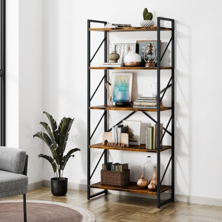 Home Office With Bookshelves - 5 Tiers Bookshelf, Classically Tall Bookcase