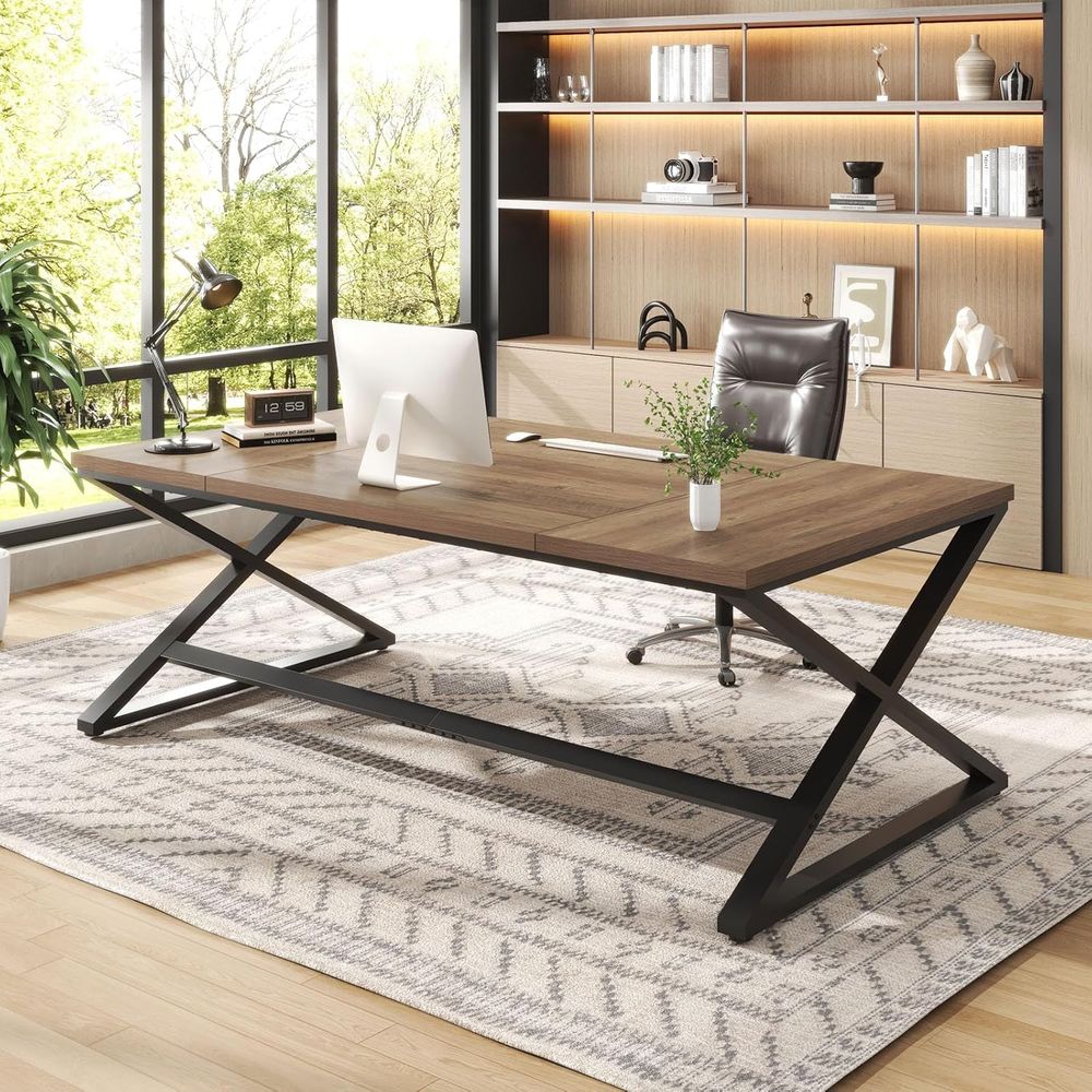 Home Office With Two Desks - 70.8 Rustic Oak Double PC Gaming