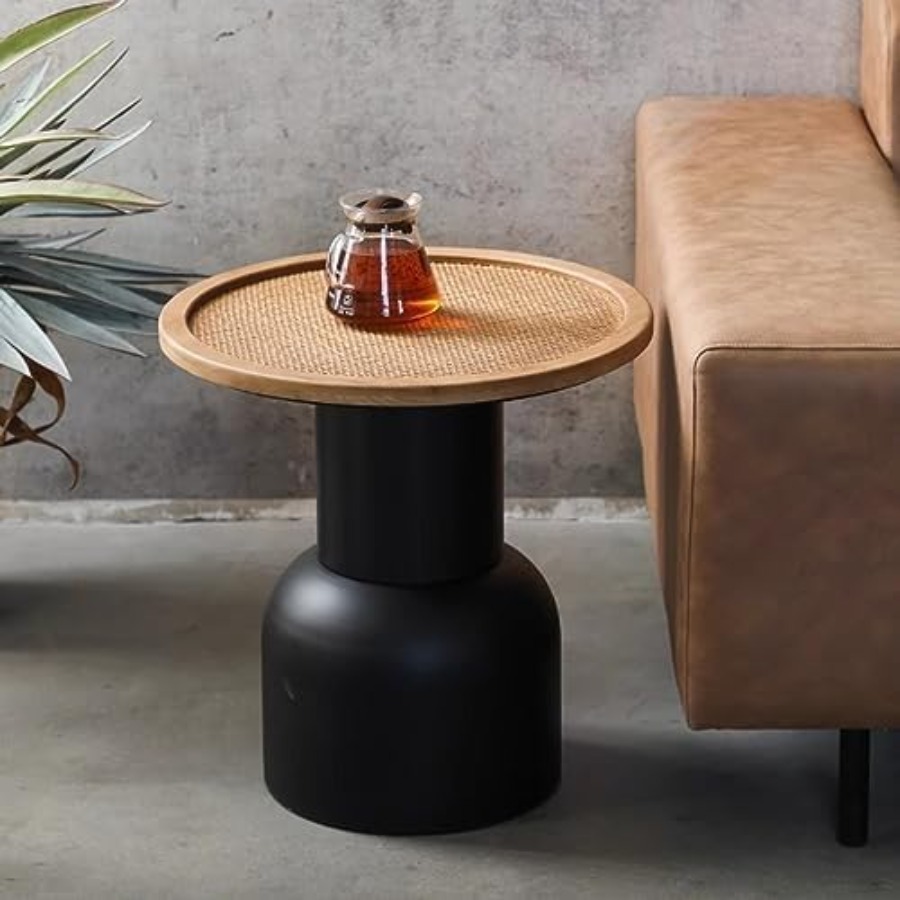 Home Office Industrial Style - Round End Table, Industrial Iron Rattan