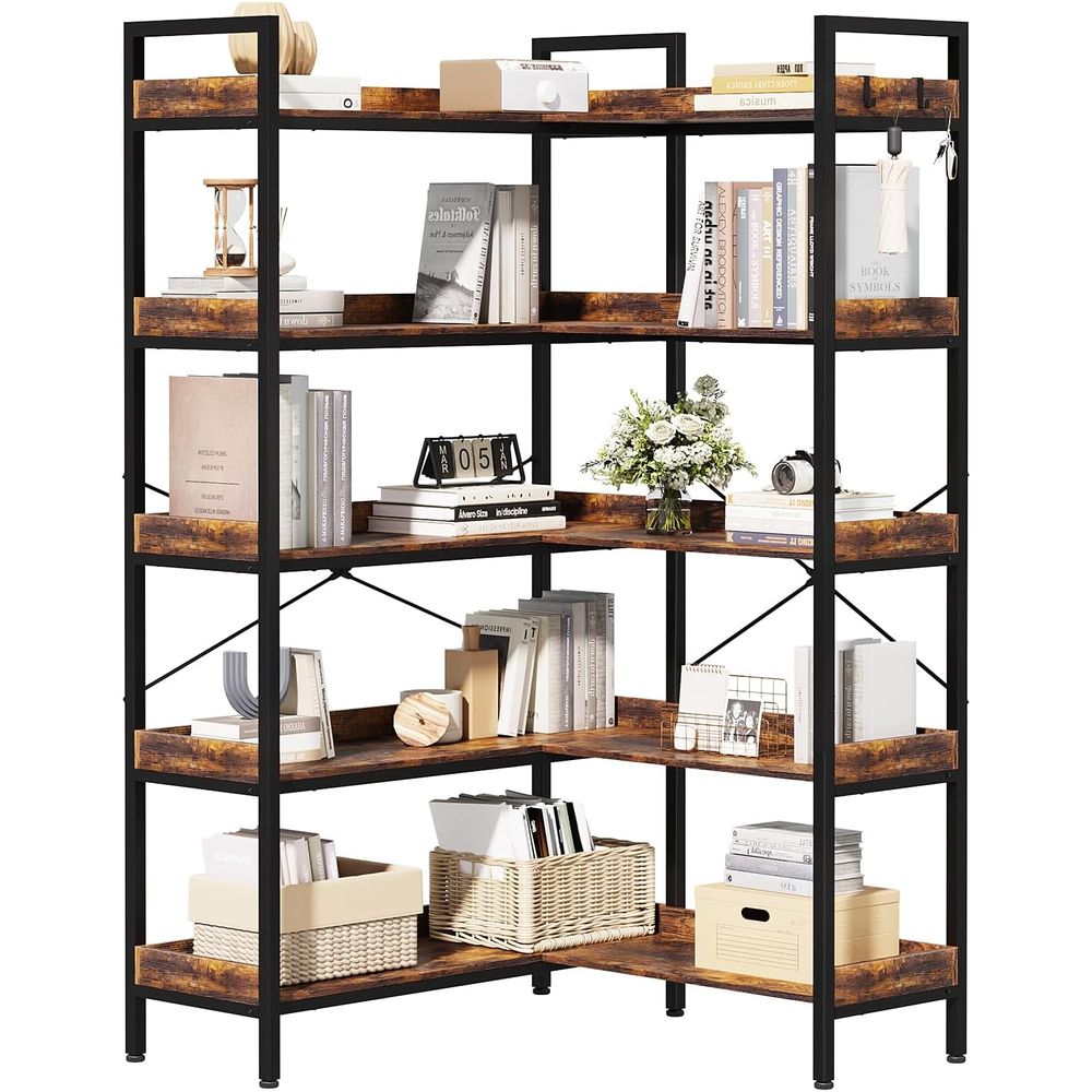 Home Office Industrial Style - 5-Tier L-Shaped Reversible Bookshelf, 65 Wide