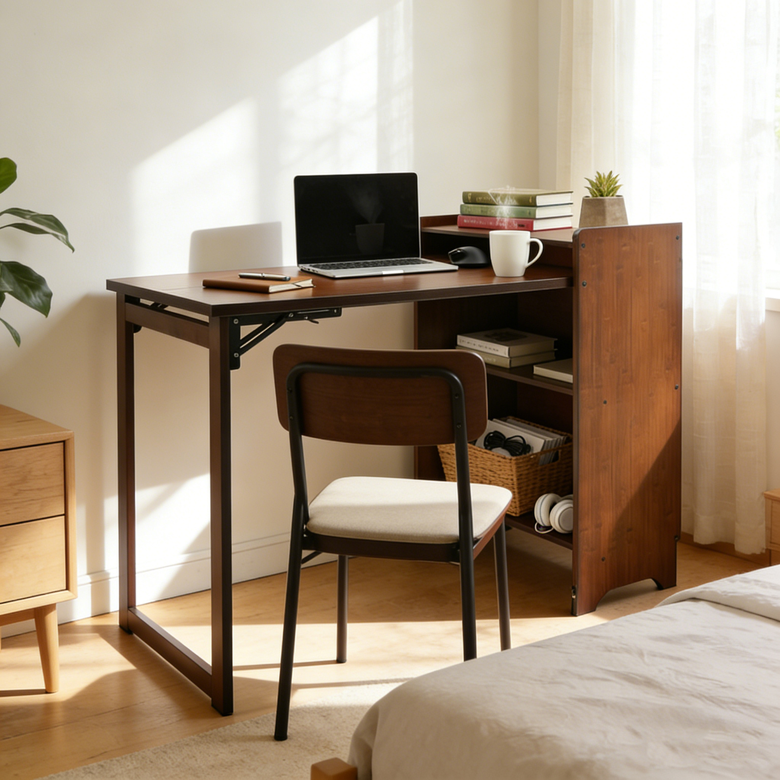 Home Office Hideaway Desk - Walnut Color Folding Desk with Storage