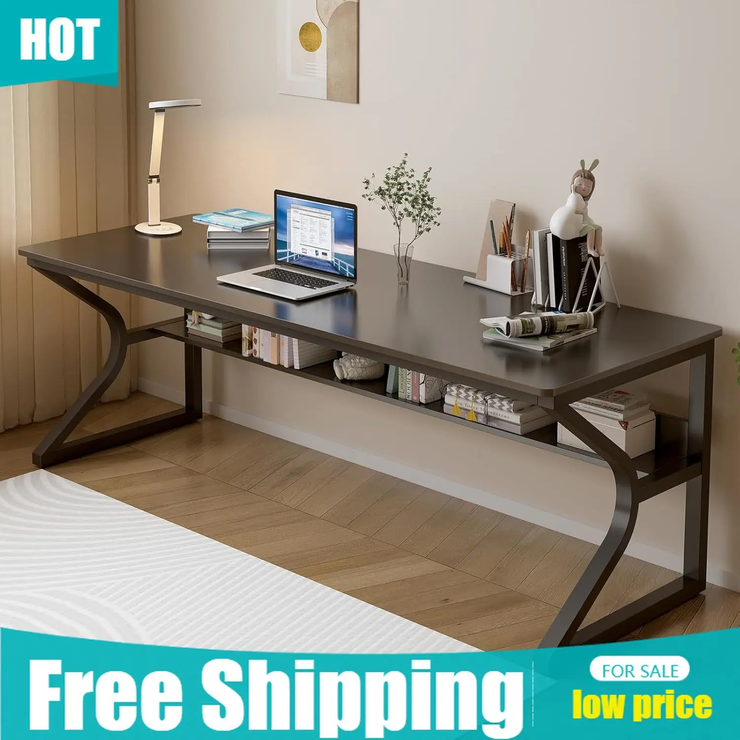 Extra Long Desk Bookshelf 71 D - Home Office With Two Desks reseña y precio
