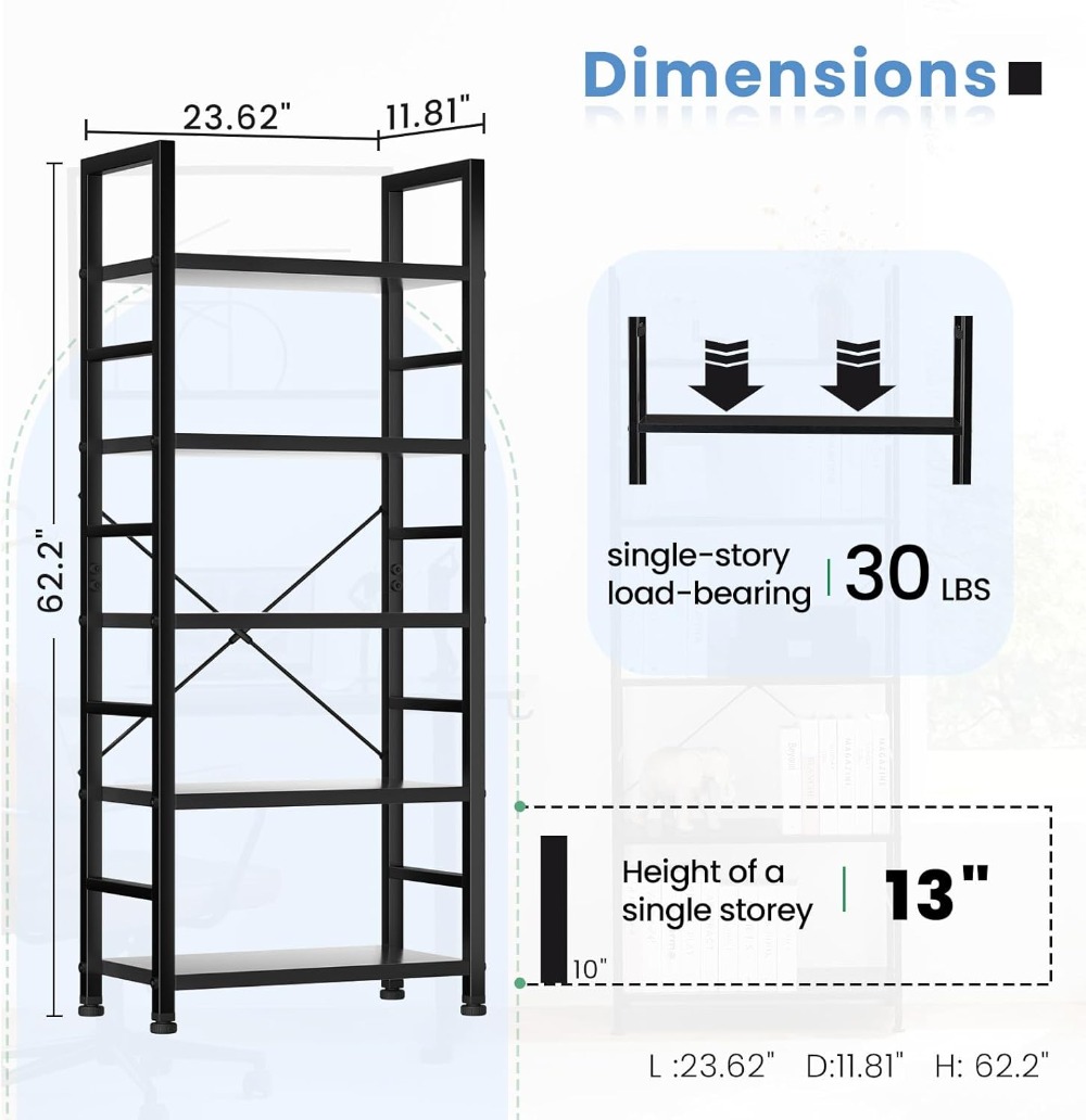 5-Tier Open Bookshelf, Tall Di - Home Office With Bookshelves reseña y precio