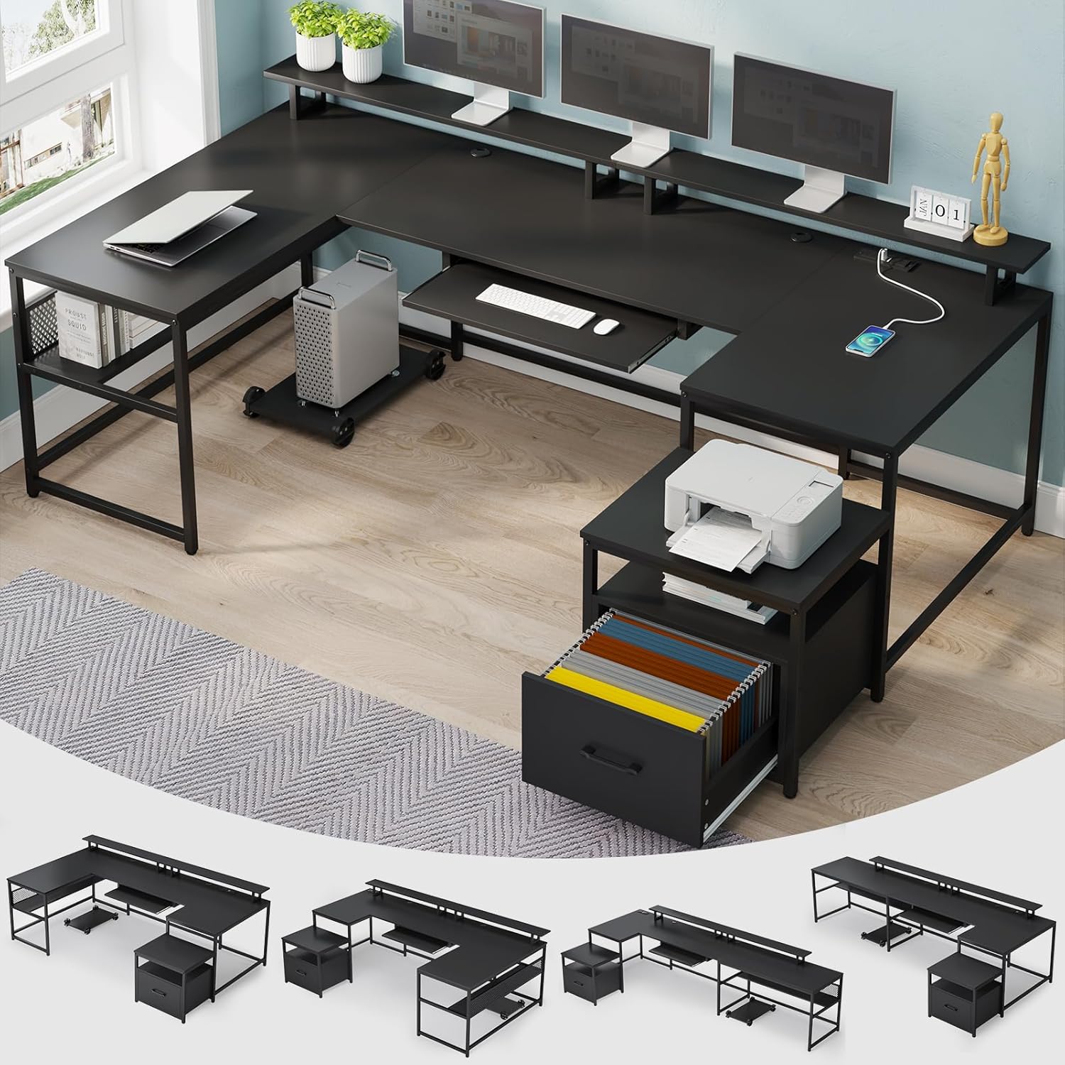 U Shaped Desk,101.5''Reversibl - Home Office With Two Desks reseña y precio