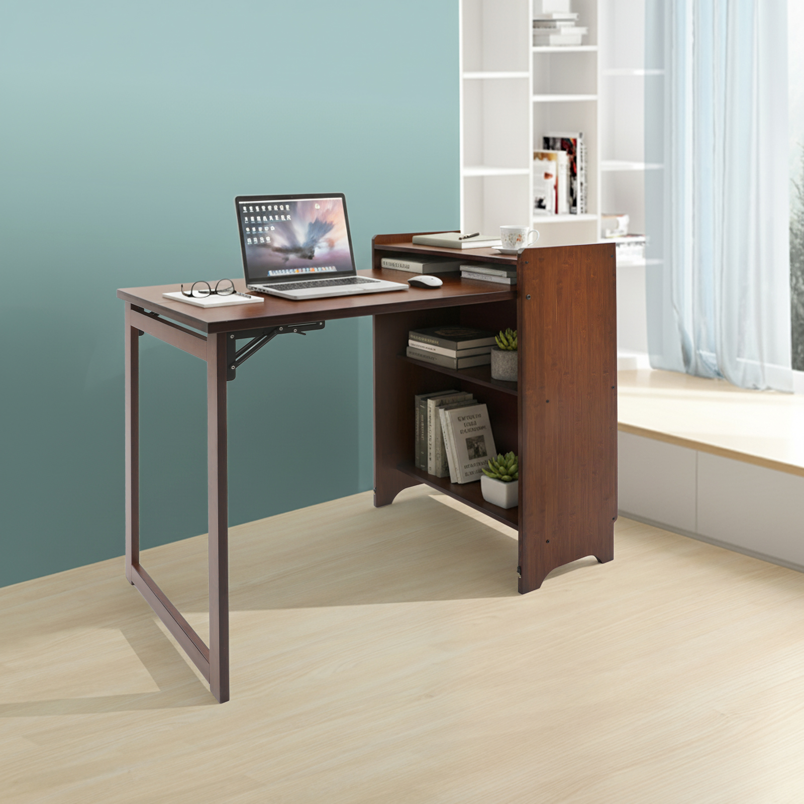 Walnut Color Folding Desk With - Home Office Hideaway Desk reseña y precio